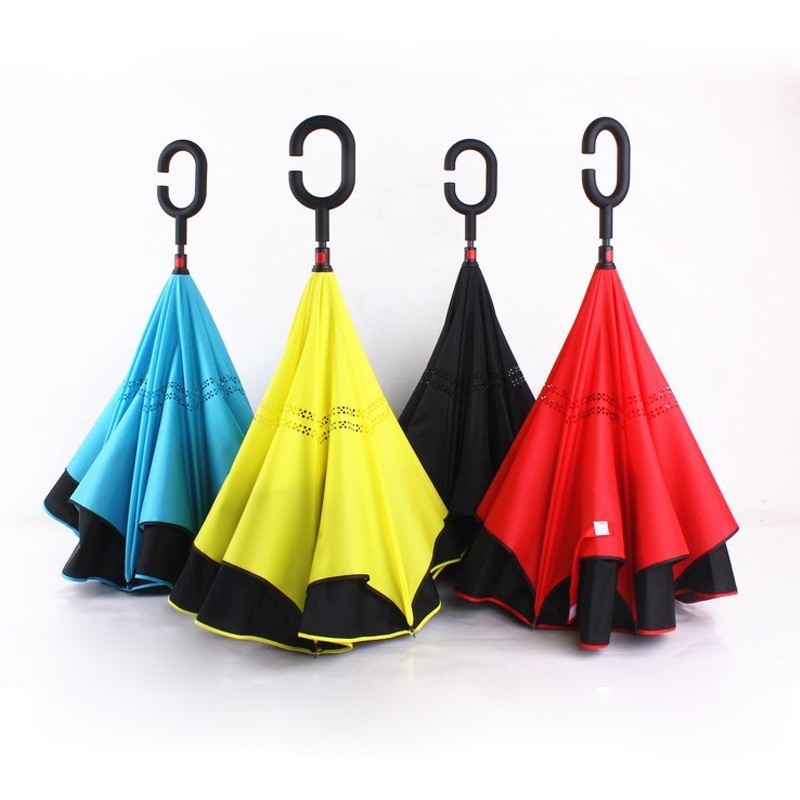 23inch 8K ribs Inverted umbrella with double layer fabric Car Umbrella  can Standing  fiber frame C handle manual open