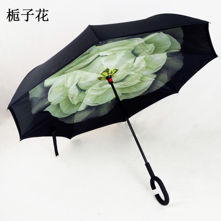 23inch 8K ribs Inverted umbrella with double layer fabric Car Umbrella  can Standing  fiber frame C handle manual open