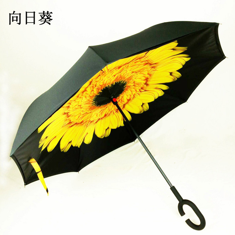 23inch 8K ribs Inverted umbrella with double layer fabric Car Umbrella  can Standing  fiber frame C handle manual open