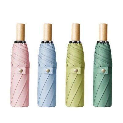 UV protection girls small vinyl sun umbrella  reinforced frame can print logo Plain color three fold umbrella wood handle