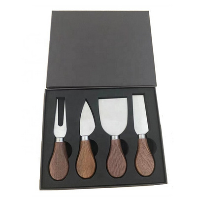 Gift Box Stainless Steel 4 Pieces Set Cheese Knives Slicer Cutter Fork Spreaders With Walnut Wood Handle Knifes For Cheese