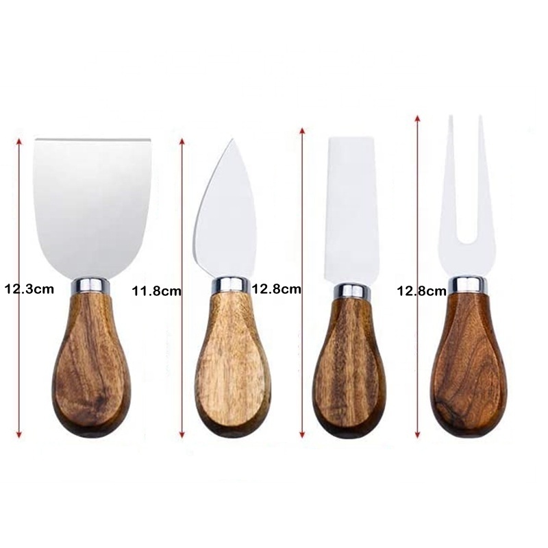 Gift Box Stainless Steel 4 Pieces Set Cheese Knives Slicer Cutter Fork Spreaders With Walnut Wood Handle Knifes For Cheese