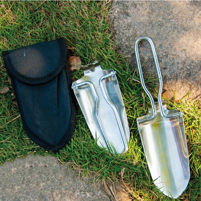 Silver Mini Small Campers Compact Folding Garden Hand Shovel with Pouch Stainless Steel Folding Shovel