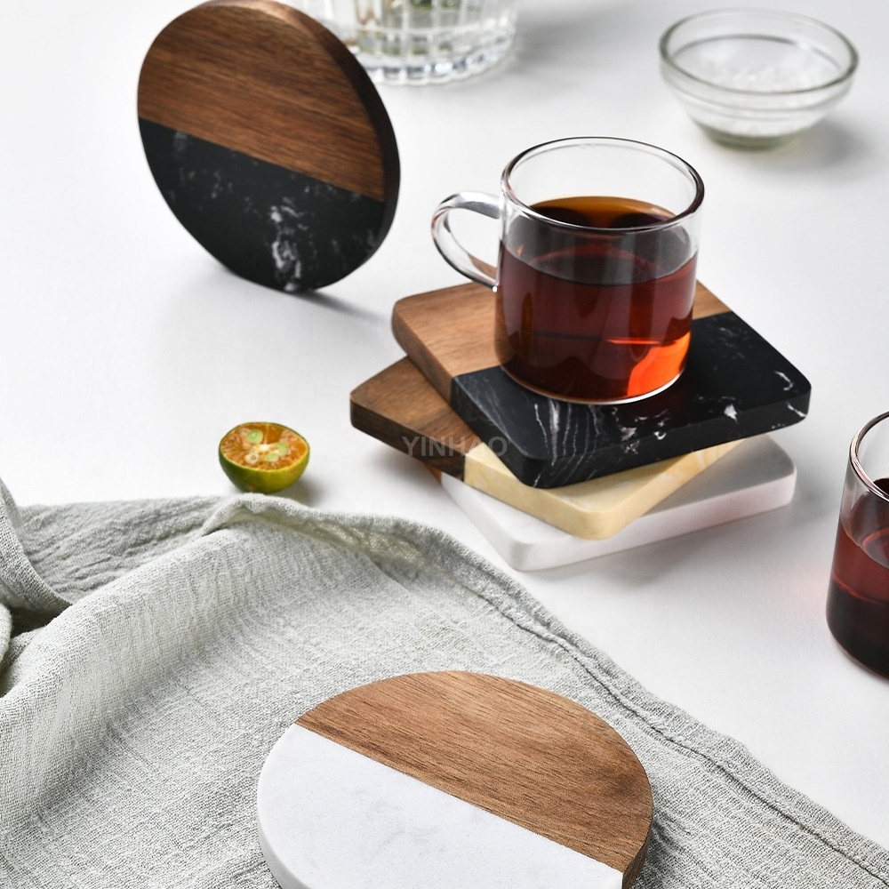 New Product 2024 Bar Home Marble And Wooden Coasters Tea Coffee Beer Drink Cup Round Square Marble Wood Coaster