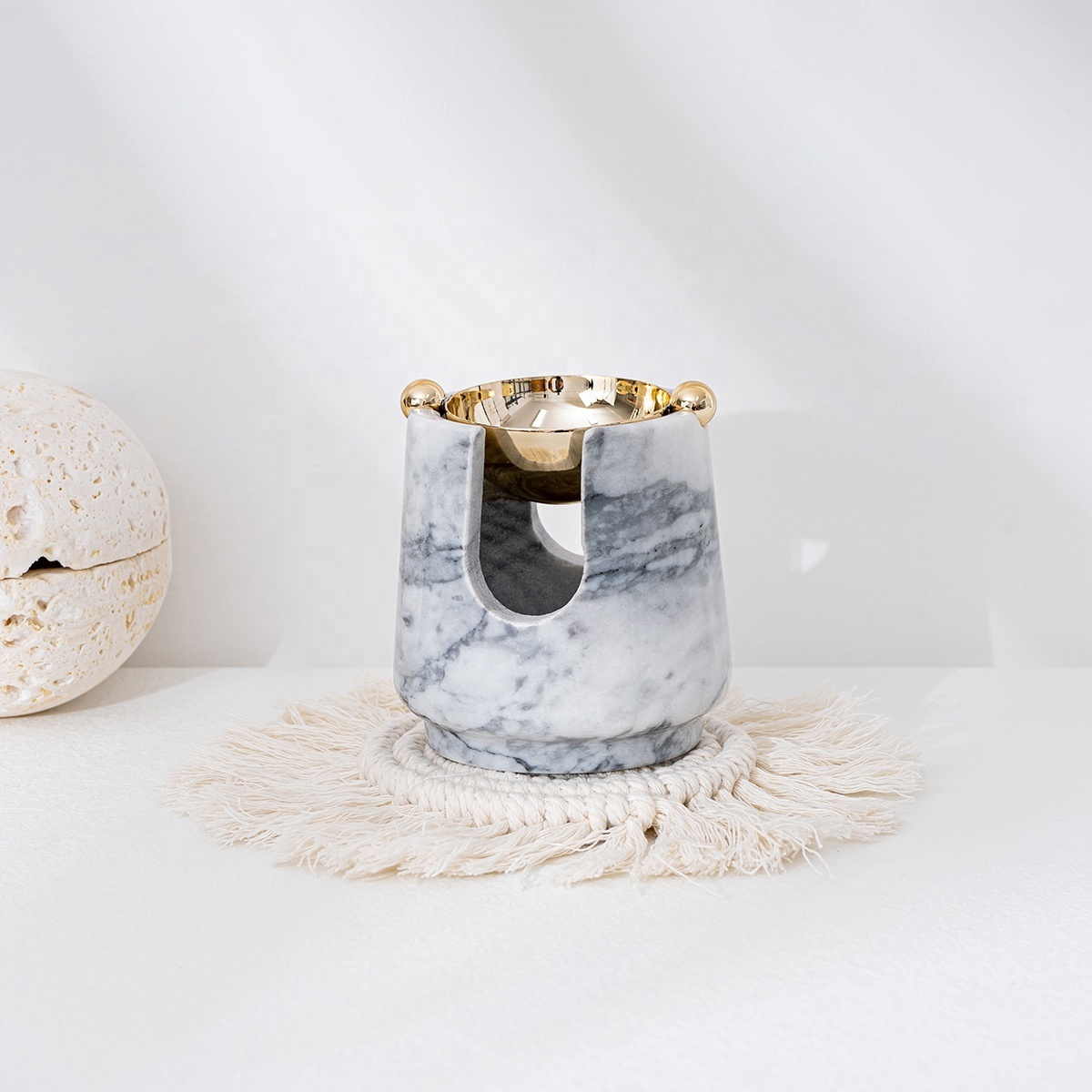 Nordic Style Natural White Black Decorative wax Melter Marble Stone Marble Oil Burner with gold Plated Lid