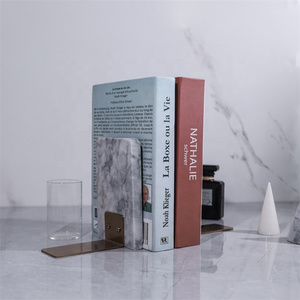 New design home decor L shape White Marble Bookends with steel book end with two pieces