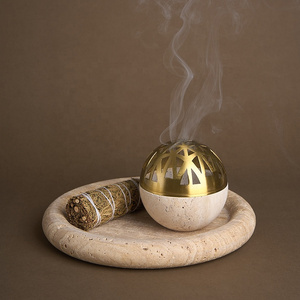 Trend Home Decor Beige Travertine Bakhoor Incense Holder Home Hotel Round Tabletop Marble Beige Oud Incense Burner