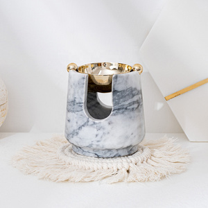 Nordic Style Natural White Black Decorative wax Melter Marble Stone Marble Oil Burner with gold Plated Lid