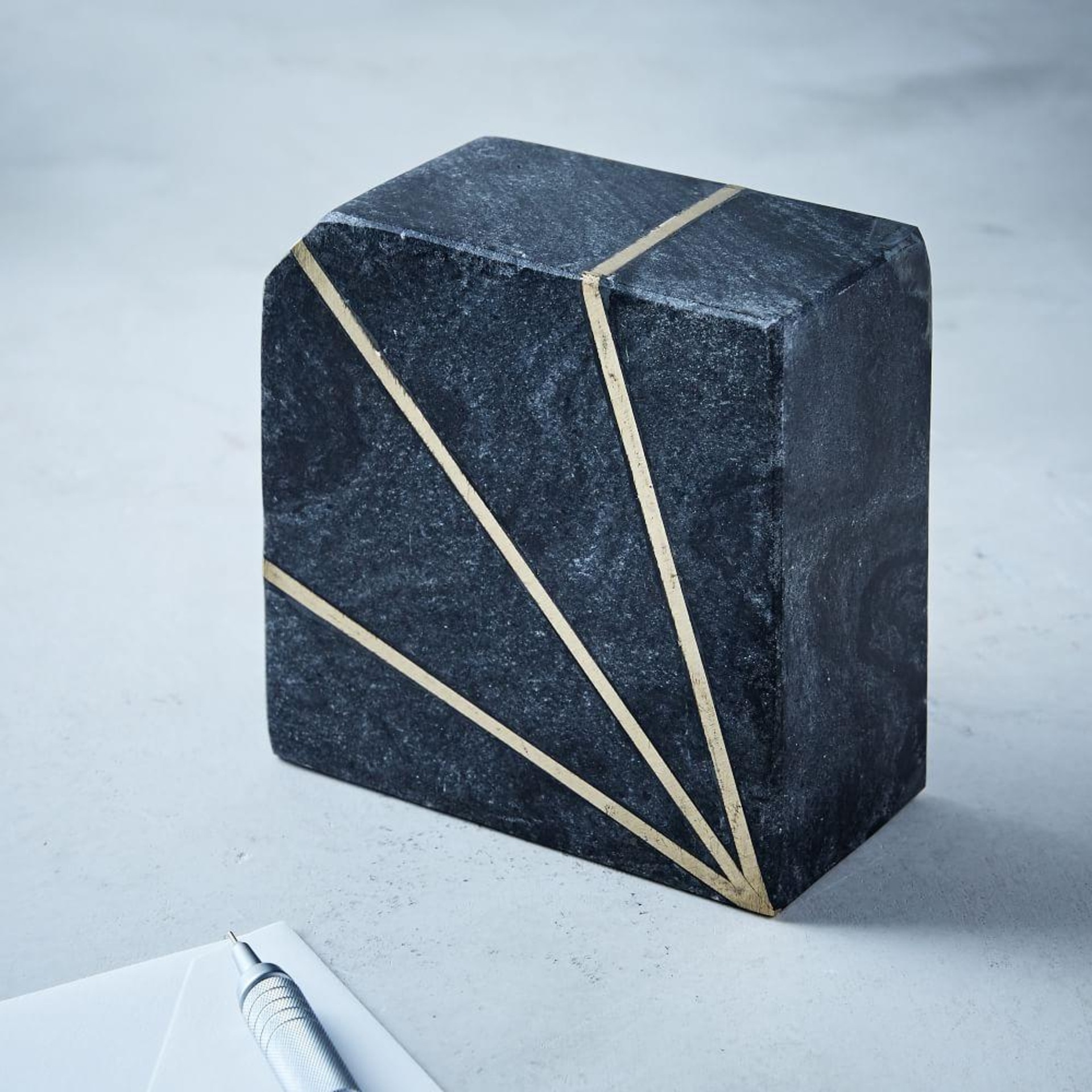 Black grey natural Stone marble Bookends decorative With brass-finished inlay