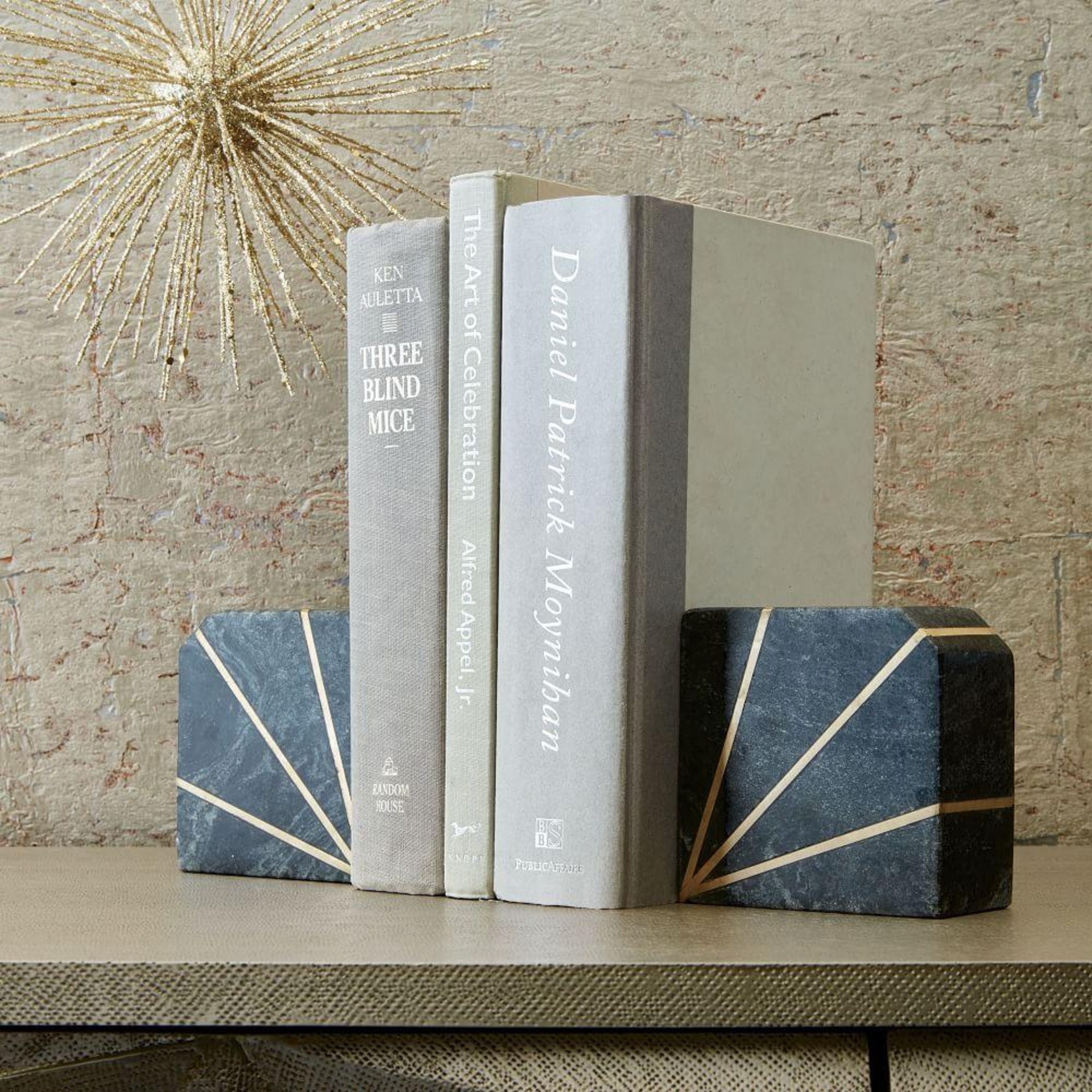 Black grey natural Stone marble Bookends decorative With brass-finished inlay