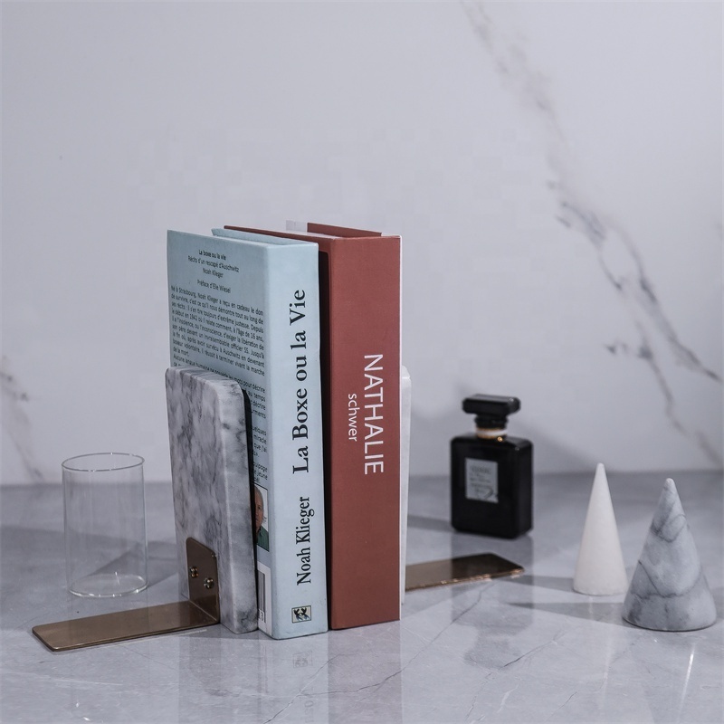 New design home decor L shape White Marble Bookends with steel book end with two pieces