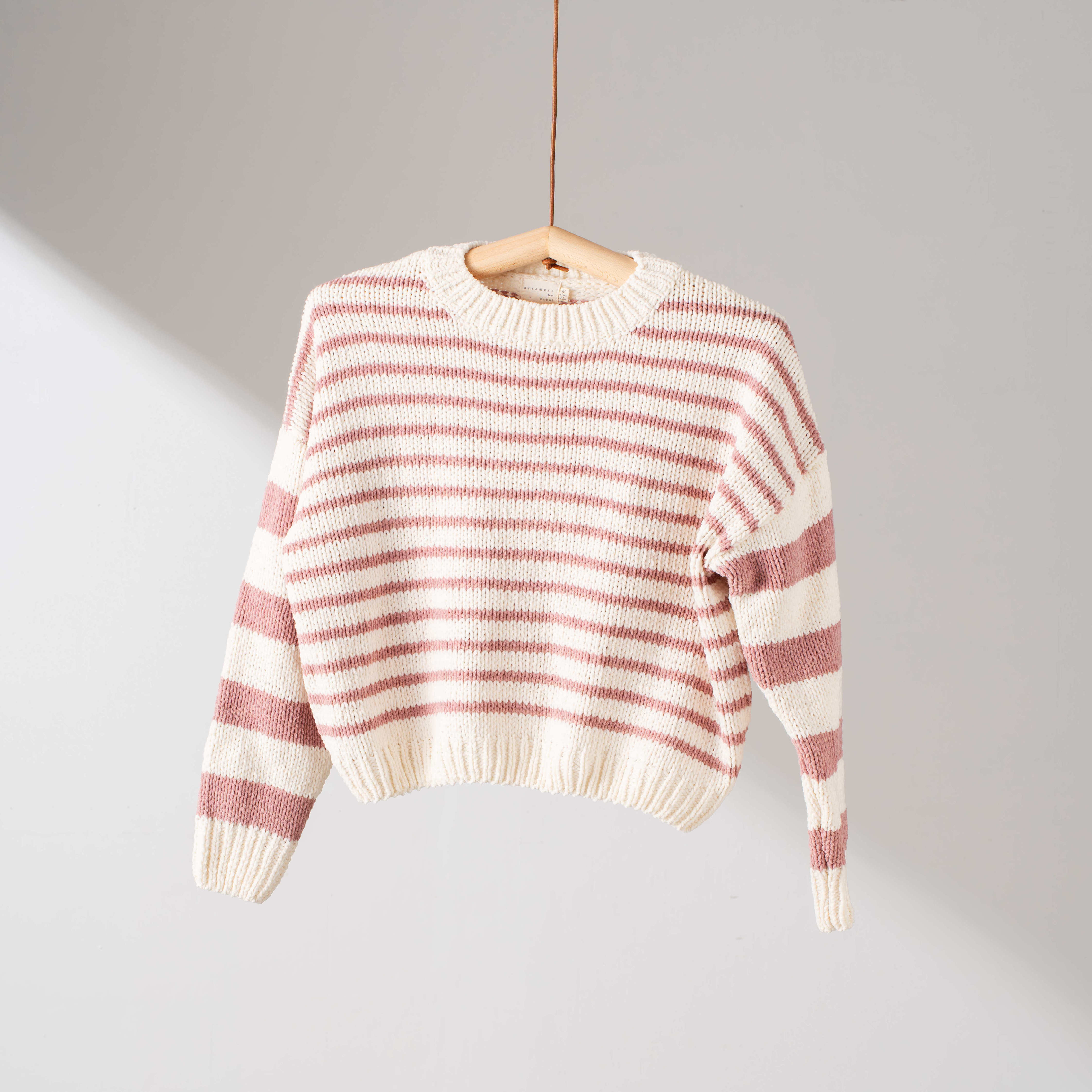 Wholesale pink white striped sweater oversized knitted pullover tops soft fuzzy loose crochet sweaters for women