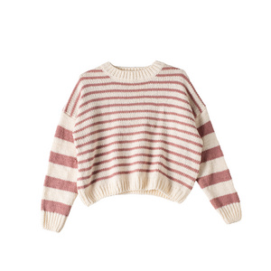 Wholesale pink white striped sweater oversized knitted pullover tops soft fuzzy loose crochet sweaters for women