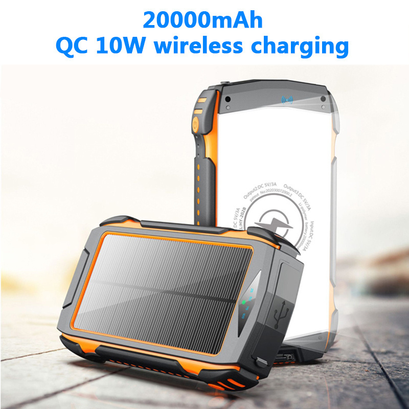 20000 mAh Wireless Portable Charger Solar Panel External Battery Type-C 5V Dual USB with LED Flashlight Waterproof Power Bank