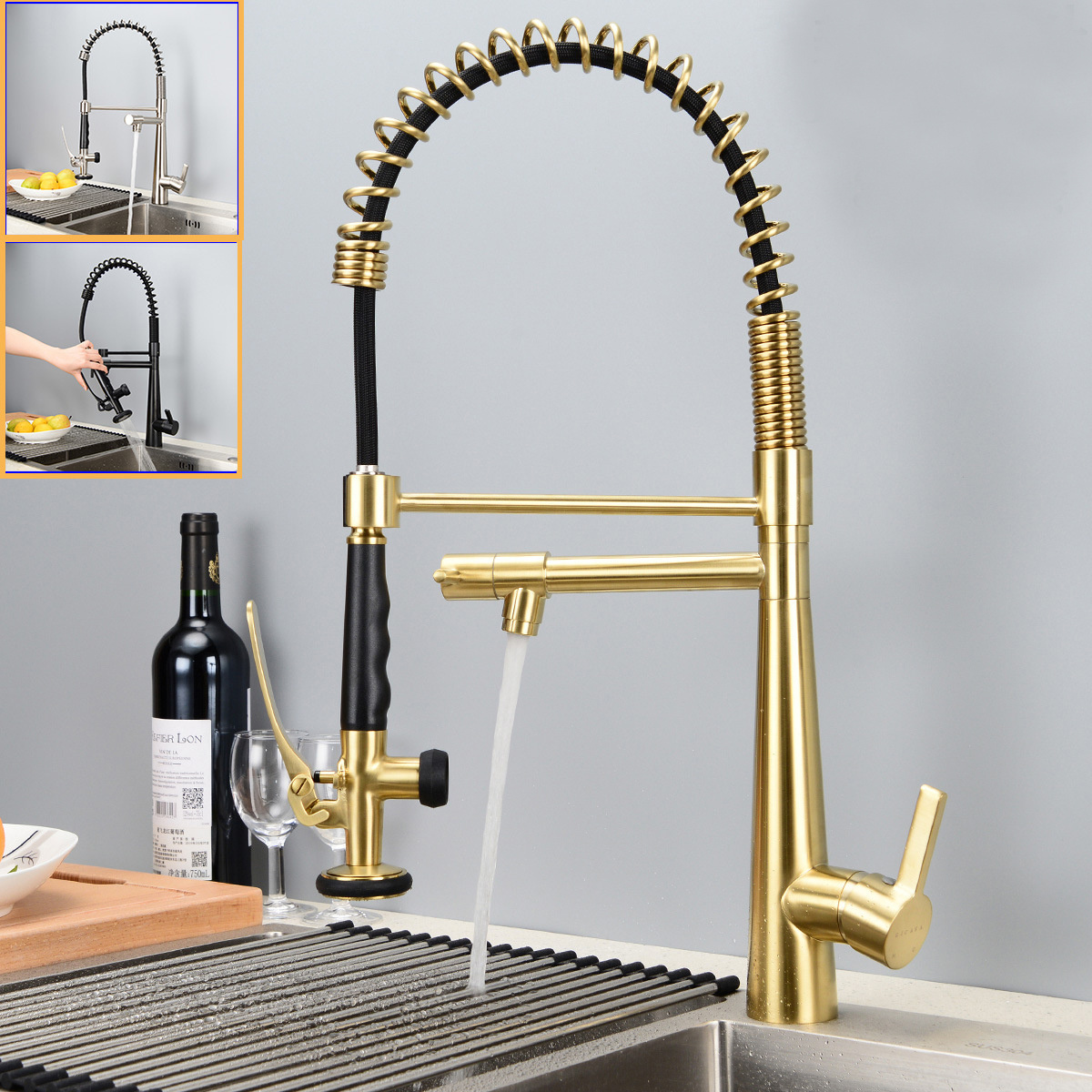 YLK3023B high quality single hole brass black kitchen faucets with pull down sprayer sink kitchen