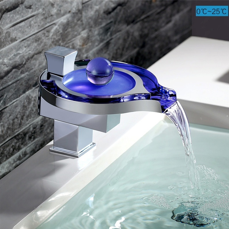 YLED03B LED 3 colors led color changing water faucet 2020 popular waterfall brass basin faucet