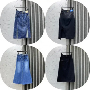 MsavigVice Denim Skirts for Women with Pockets Frayed Raw Hem Stretch Waist Washed Slim Casual Long Blue Jean Skirts