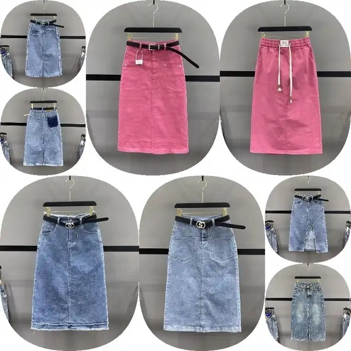 MsavigVice Denim Skirts for Women with Pockets Frayed Raw Hem Stretch Waist Washed Slim Casual Long Blue Jean Skirts