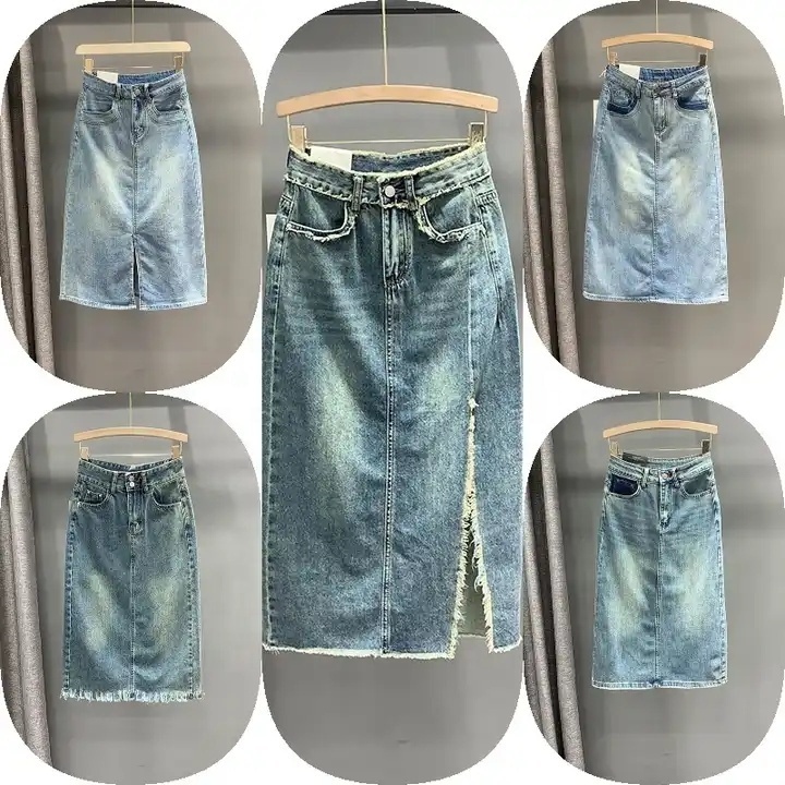 MsavigVice Denim Skirts for Women with Pockets Frayed Raw Hem Stretch Waist Washed Slim Casual Long Blue Jean Skirts