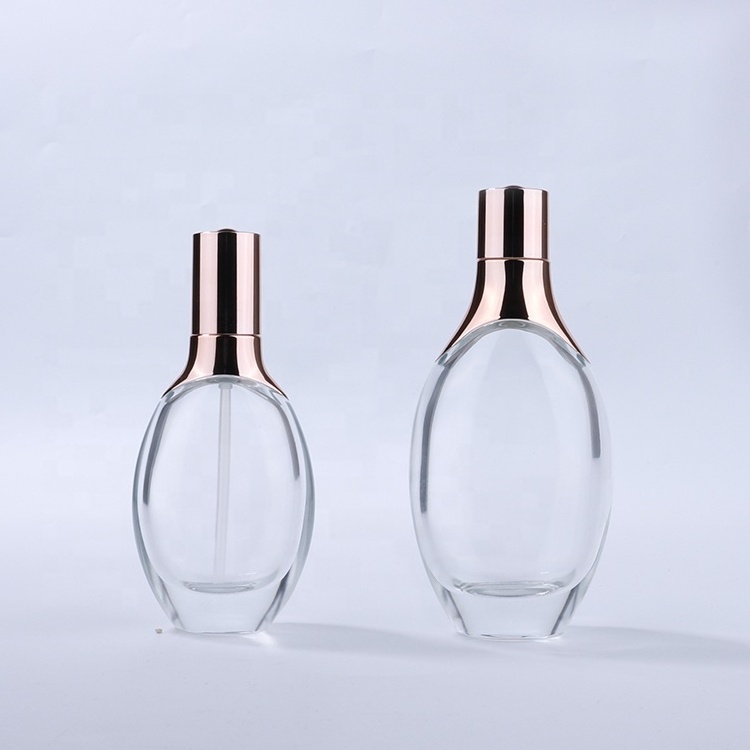 Lotion skin flat round clear bottle luxury 30ml 50ml 100ml glass bottle rose gold pump cosmetic