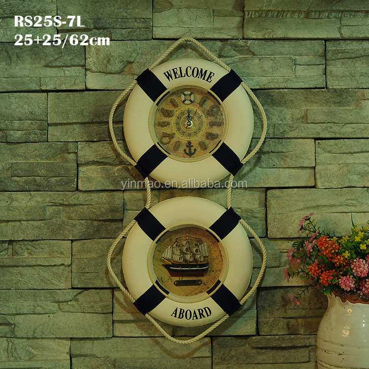 2 Life Buoy Wall Decoration, 2 sets 25x25x62cm Lifebelt ring clock, life guard buoy craft