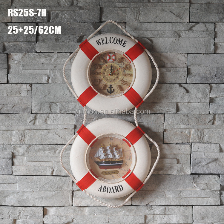 2 Life Buoy Wall Decoration, 2 sets 25x25x62cm Lifebelt ring clock, life guard buoy craft