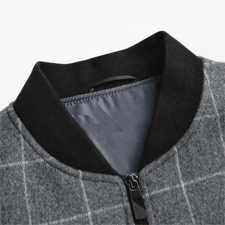 Custom acrylic skin-friendly ribbed collar, knit ribbed cuffs and bottom hem apply to jacket