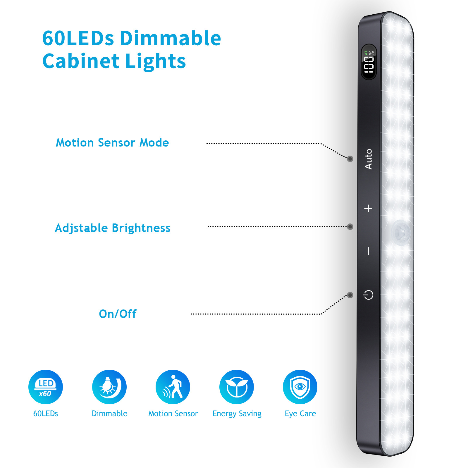 Motion Sensor closet Lights indoor, Battery Display, 60 LED Touch Light Bar, Rechargeable, Stick on, Wardrobe, cabinet, Counter