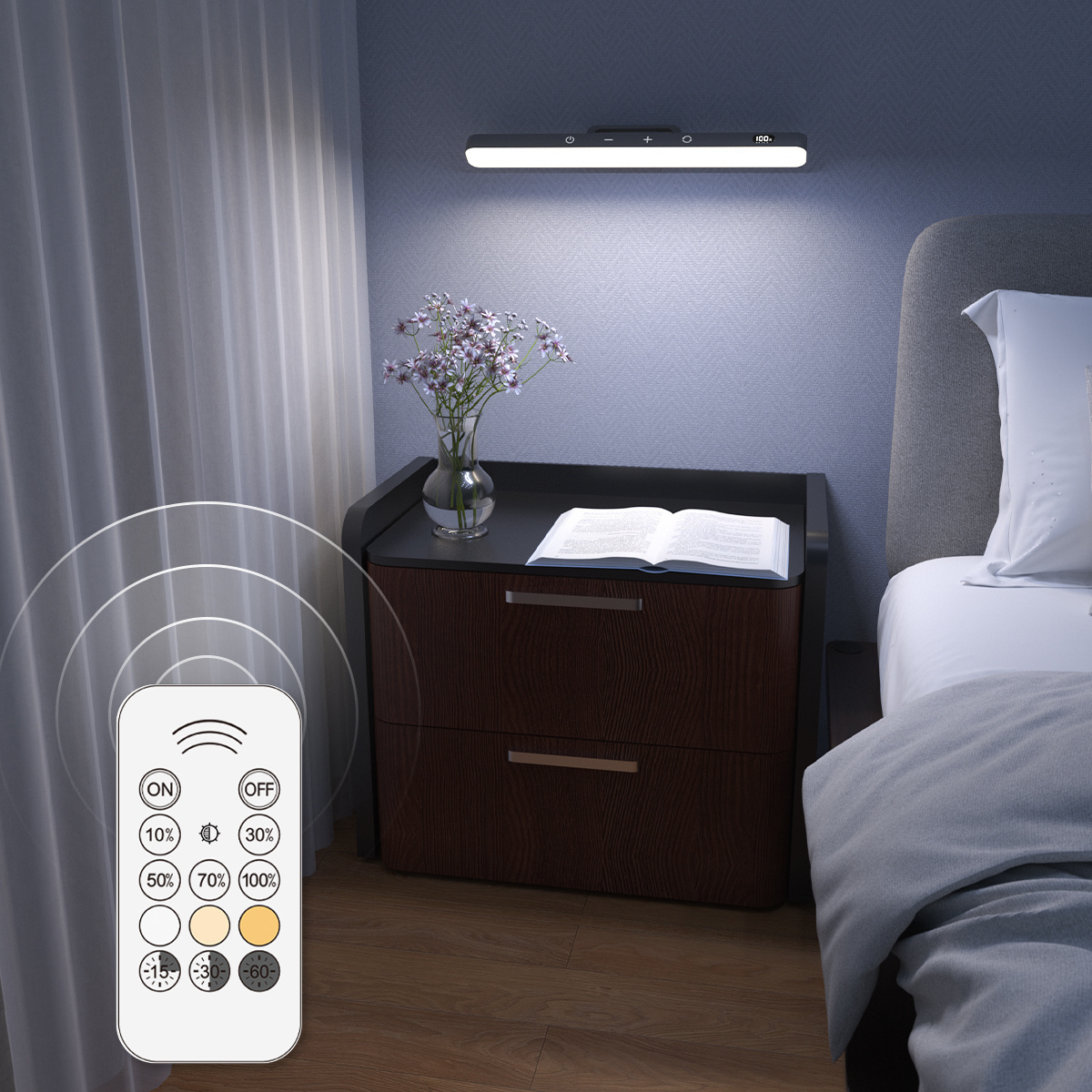 5W LED Rechargeable Touch Lights,Remote Control,2500mAh Battery,Stick on Magnetic Mount,for Cabinet,Mirror, bedside wall