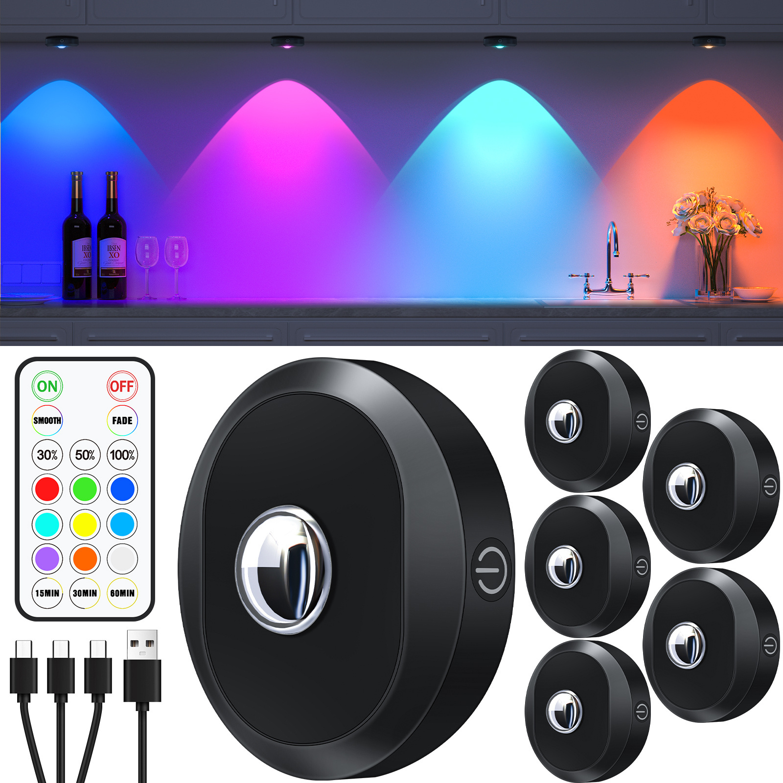 LED Puck Lights with Remote, Rechargeable 1000mAh Battery Tap Lights, Dimmable Wireless Stick on for cabinet closet counter wall