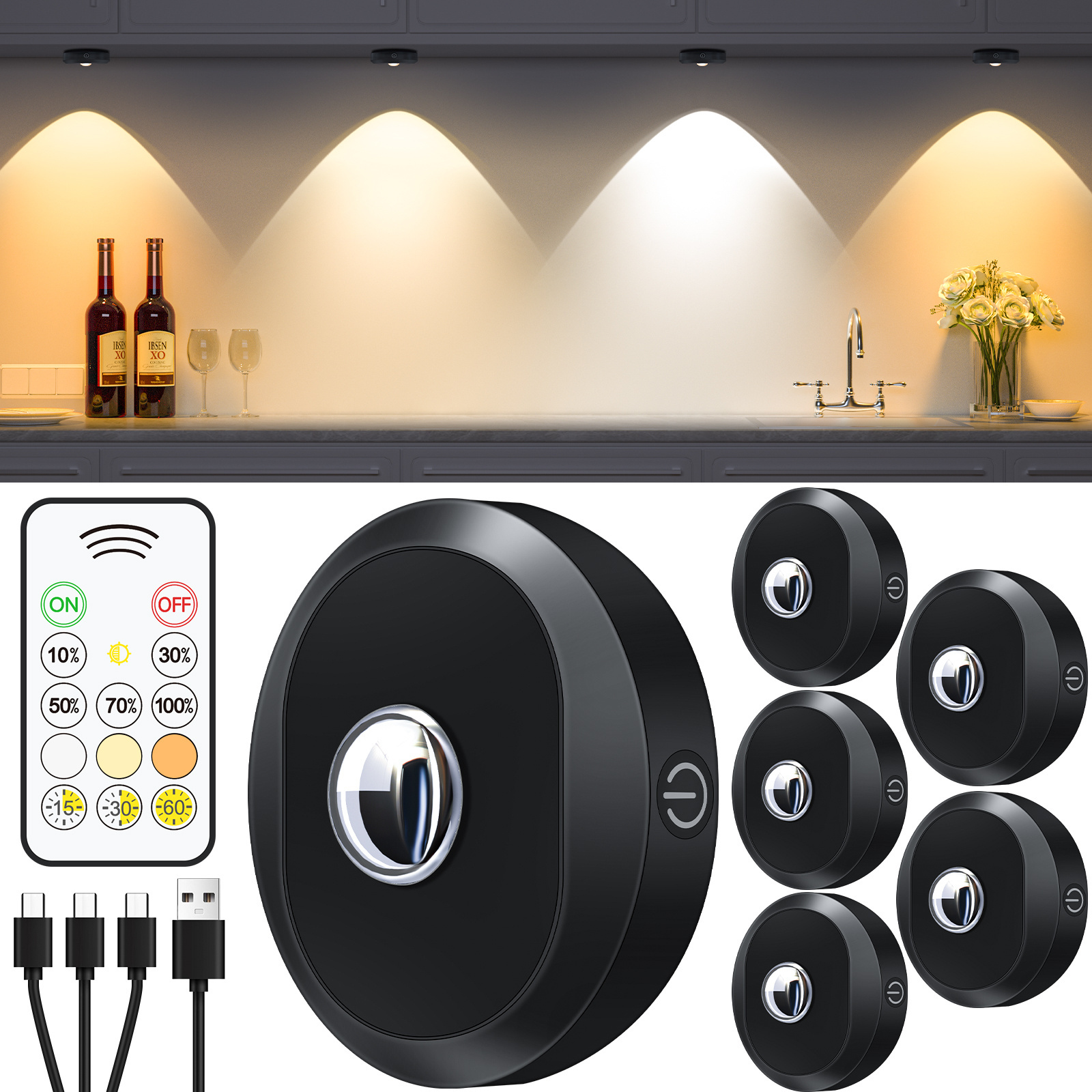 LED Puck Lights with Remote, Rechargeable 1000mAh Battery Tap Lights, Dimmable Wireless Stick on for cabinet closet counter wall