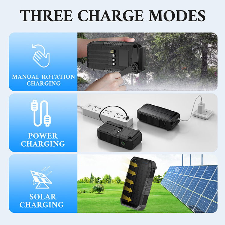 30000mAh High Capacity Outdoor Travel Portable Built In Cable Hand Crank Solar Power Bank