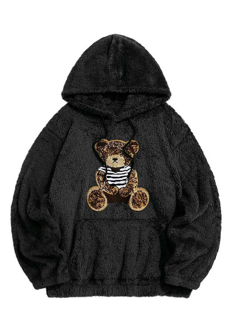 Men's new plush teddy bear pattern casual sports warm hooded sweater