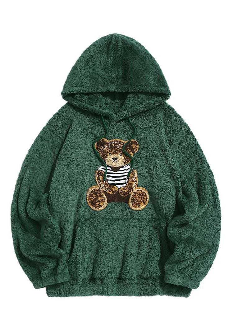 Men's new plush teddy bear pattern casual sports warm hooded sweater