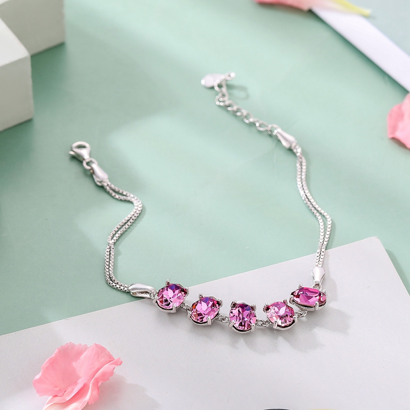 Pink Crystal Bracelets Colorful Stone 925s Silver Chain Charm Bracelet Fine Jewelry Sister Girl Gift