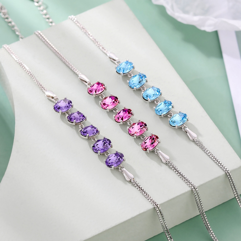 Pink Crystal Bracelets Colorful Stone 925s Silver Chain Charm Bracelet Fine Jewelry Sister Girl Gift