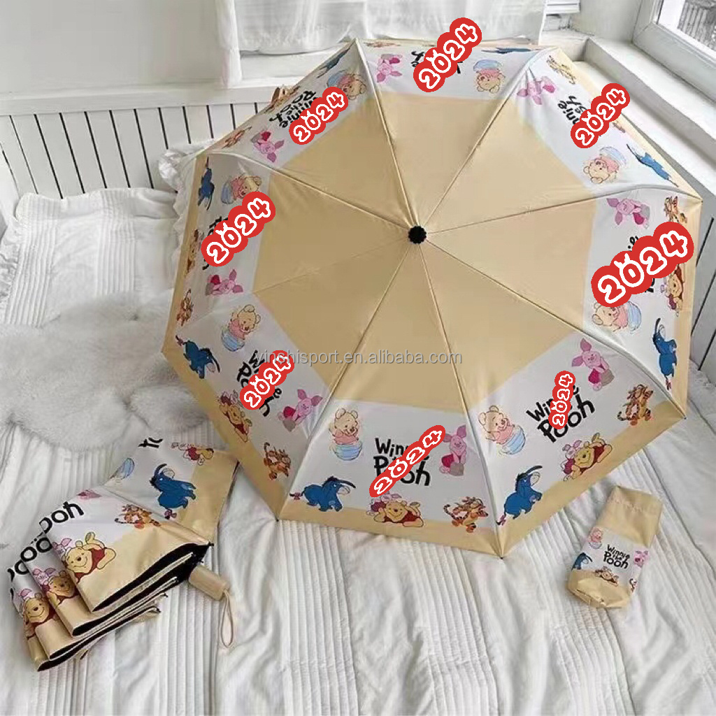 Wholesales Fully Automatic Honey Pot Anti Uv Rain Custom Cartoon Bear Promotional Windproof Three-fold Auto Open Close Umbrella