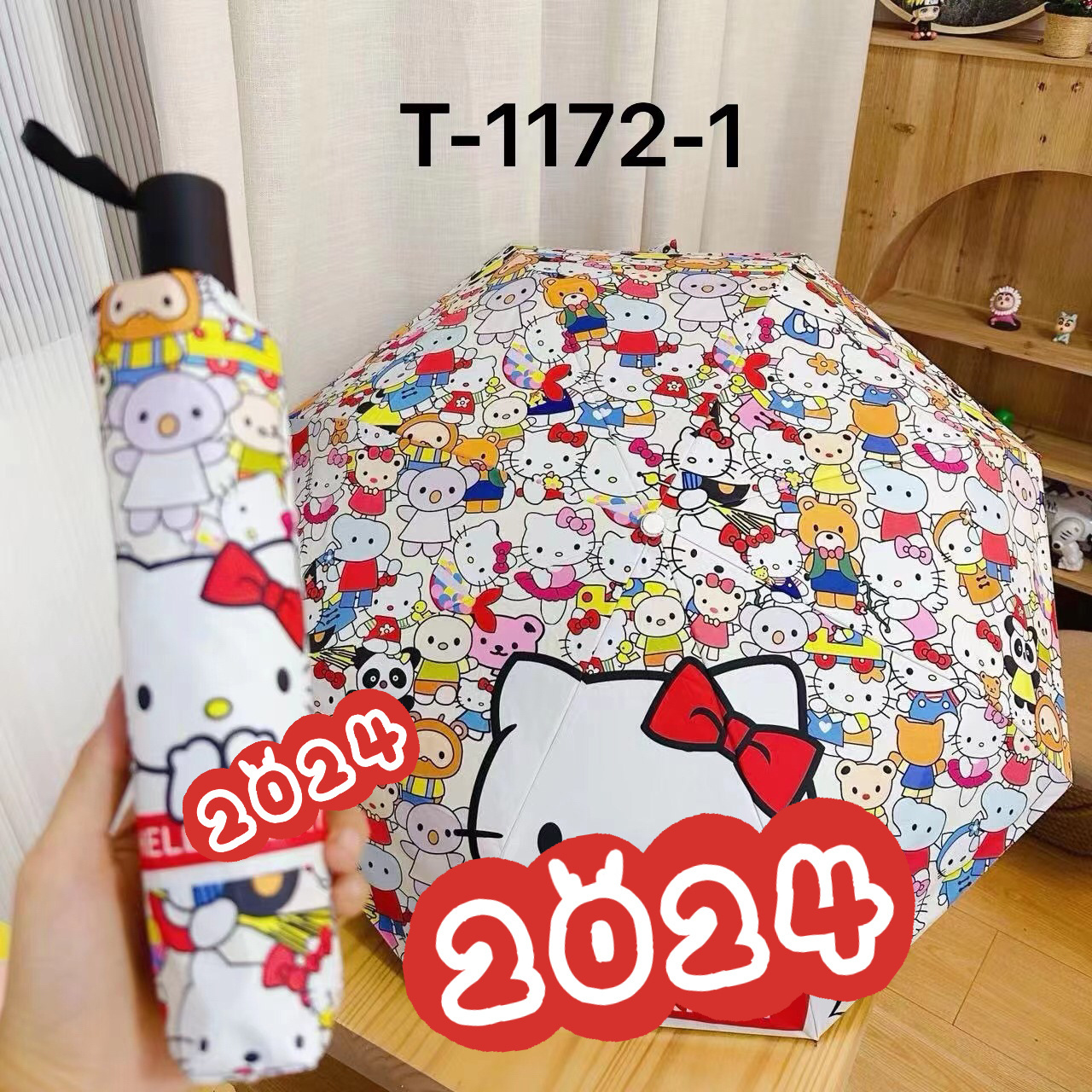 Wholesale Fully Automatic KT cat anti Uv Rain Custom Cartoon Bear Promotional Windproof Three-fold Auto Open Close Umbrella