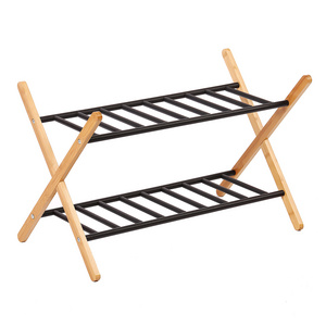 Simply Modern Design 2-Tier Bamboo & Metal Shoe Rack for Entryway Hallway Closet