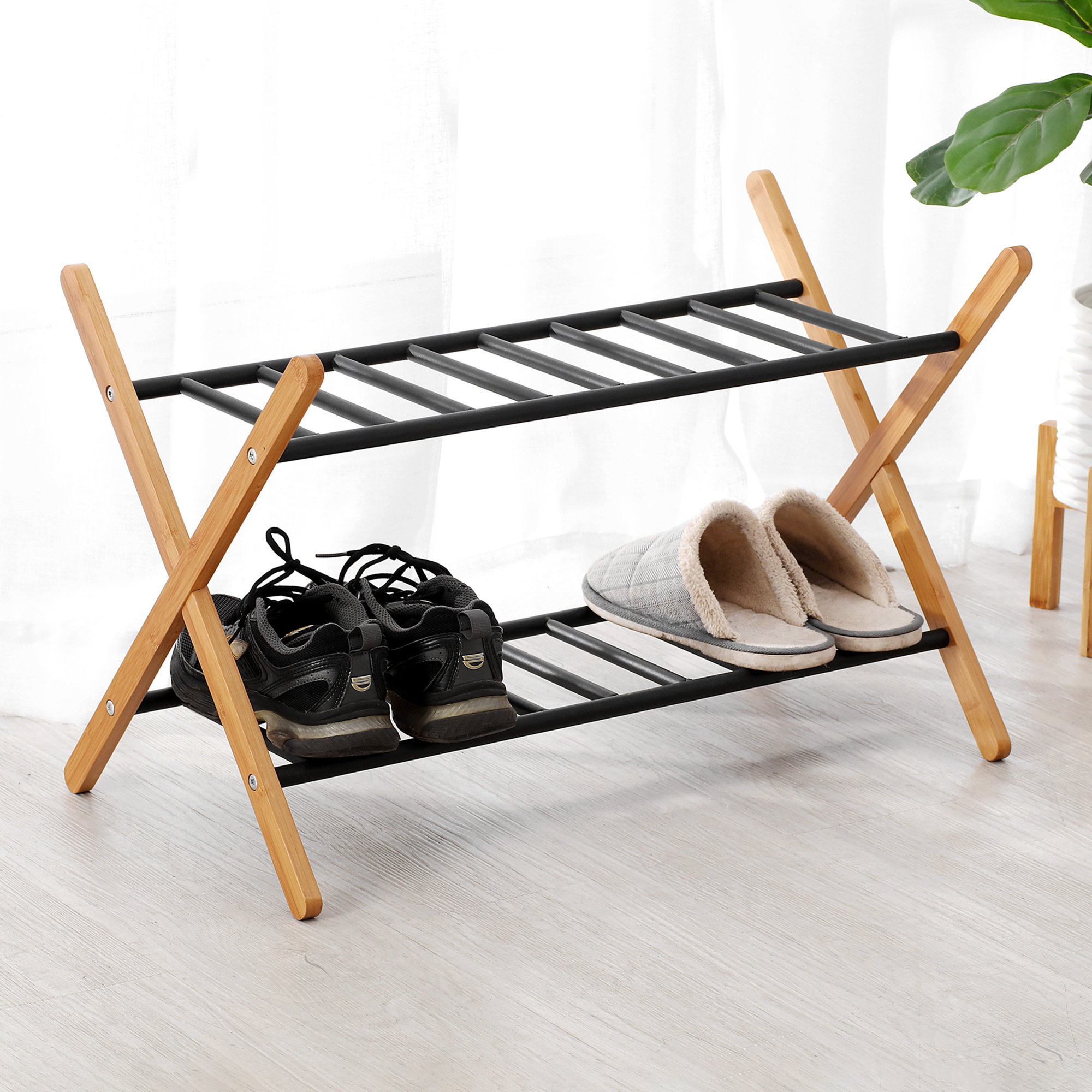 Simply Modern Design 2-Tier Bamboo & Metal Shoe Rack for Entryway Hallway Closet