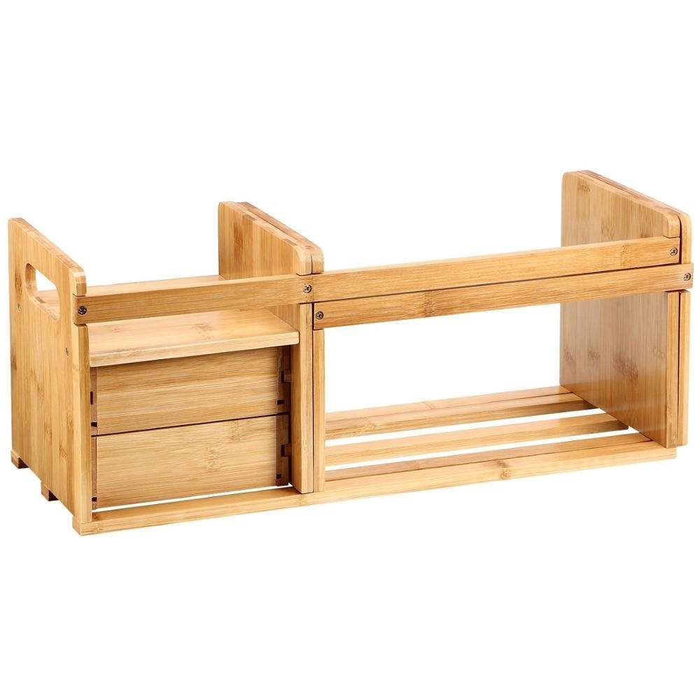 Natural Bamboo Desk Organizer with Extendable Storage for Office and Home, CD Holder Media Rack book shelf