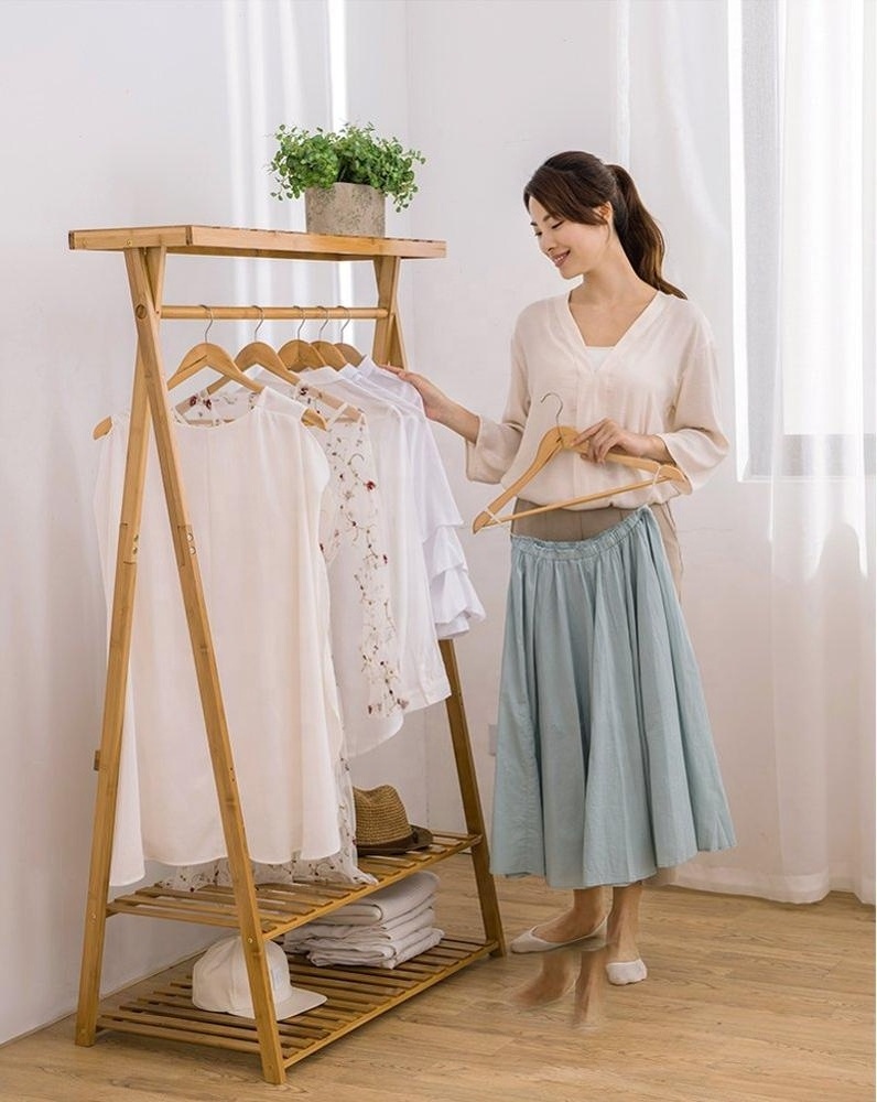 Multipurpose  Bamboo Garment  Clothes Hanging  Rack with top Shelf and 2-Tier Shoe Clothing Storage Organizer Shelves