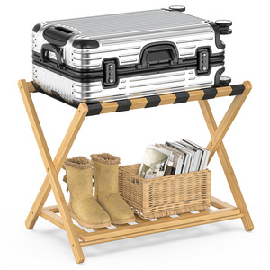 Modern Removable Bamboo Wood Folding Luggage Rack with Storage Shelf for Home Bedroom or Hotel