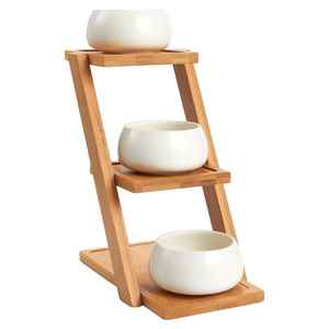 Bamboo Plant Stand 3 Tier Plant Stand with 3 White Ceramic Pots Narrow Shelf Unit Shelf Organize Plant Display