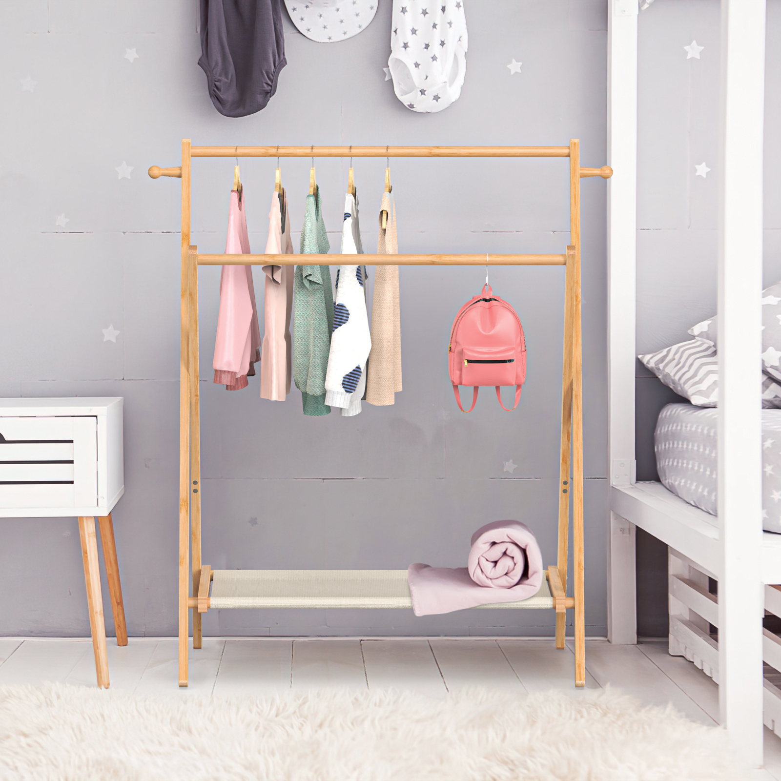 Foldable Small Bamboo Child Kids Garment Rack with Storage Shelf & Double Hanging Rods for Home Bedroom