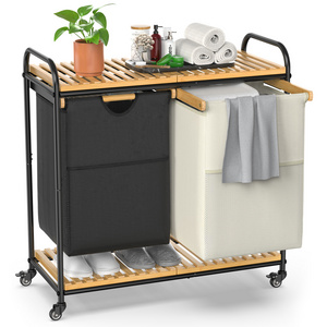 Rolling Bamboo Laundry Basket on wheels with 2 Removable Bags, Carry Handle and Shelves for Laundry Room, Bathroom, Bedroom