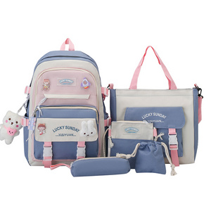 Hot selling cute Cartoon 5 Piece Print Set For Girls School Bags fashion Canvas Students Larger Capacity Backpack