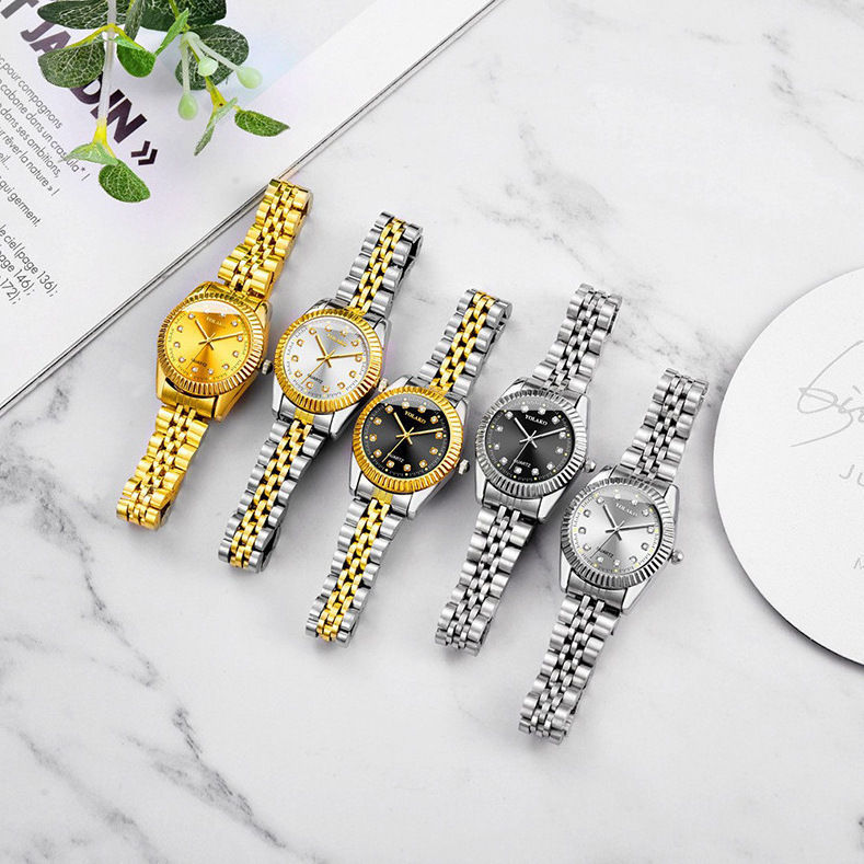 YOLAKO-01 Couple Watch Steel Band Watch Glow Calendar Dot Diamond Scale Room Gold Business Quartz Student Watch