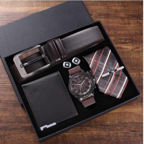 Men's Watch Gift Set Business Fashion Dual Display Quartz Watch Belt Wallet Tie Set