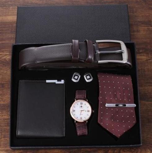 Men's Watch Gift Set Business Fashion Dual Display Quartz Watch Belt Wallet Tie Set